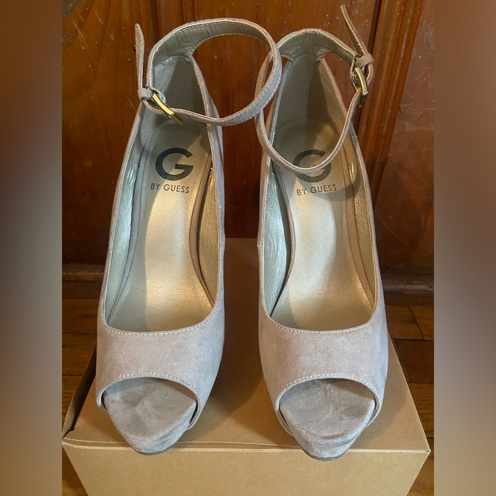 G by Guess 1/2” platform, peep-toe heels with ankle strap